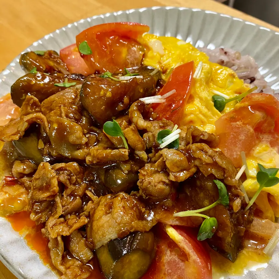 旨辛!豚バラのオム麻婆なす の作り方 10